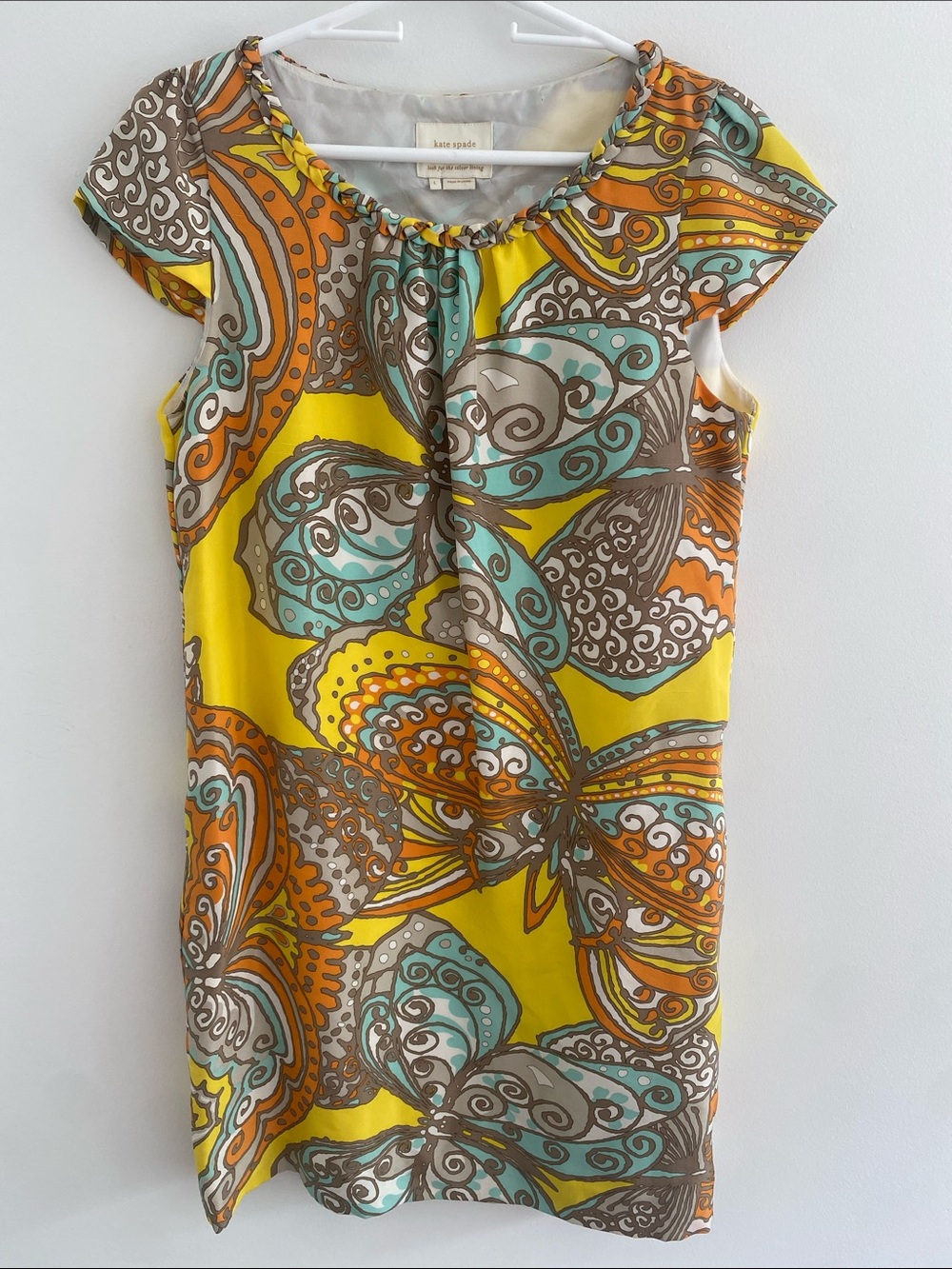 Kate Spade Silk Butterfly Shift Dress Teal Amber Citrus LARGE